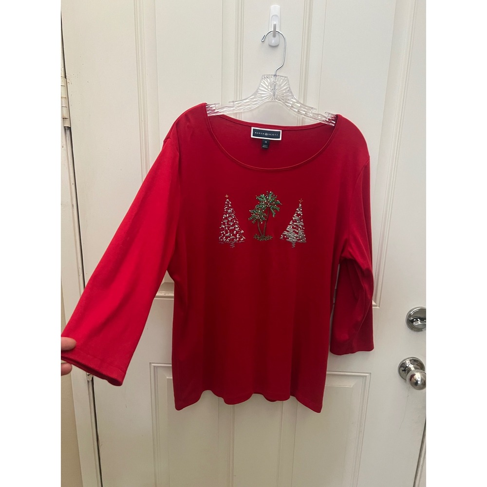Karen Scott Red Christmas Palm Tree Embroidered Top 1X Plus 3/4 Sleeve Holiday